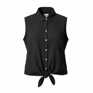 Chico's Women Black Collared Sleeveless Button Tie Waist Poly Blouse | Size 2